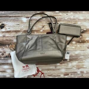 Coach Park Leather Carrie Tote & Wallet Pewter/Silver F29898 READ
